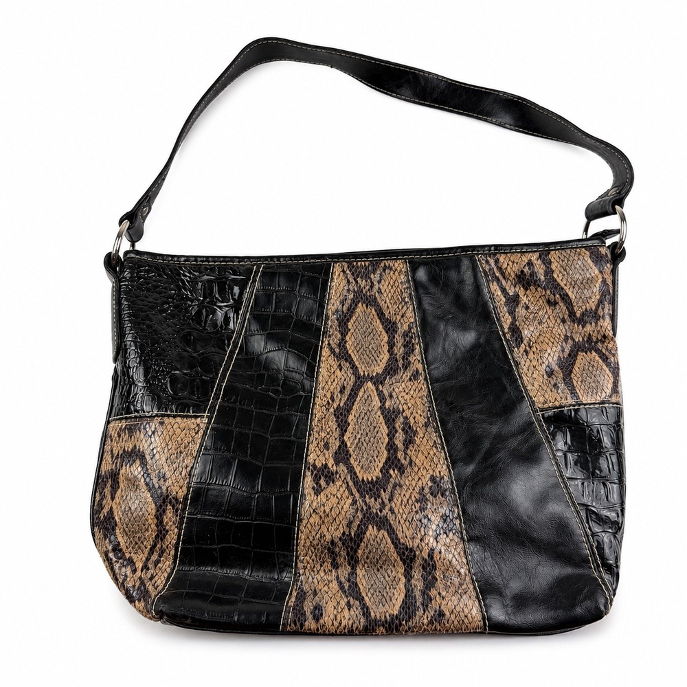 Sag Harbor Vintage Y2K Black Faux Snakeskin Croc Patchwork Shoulder Bag Purse